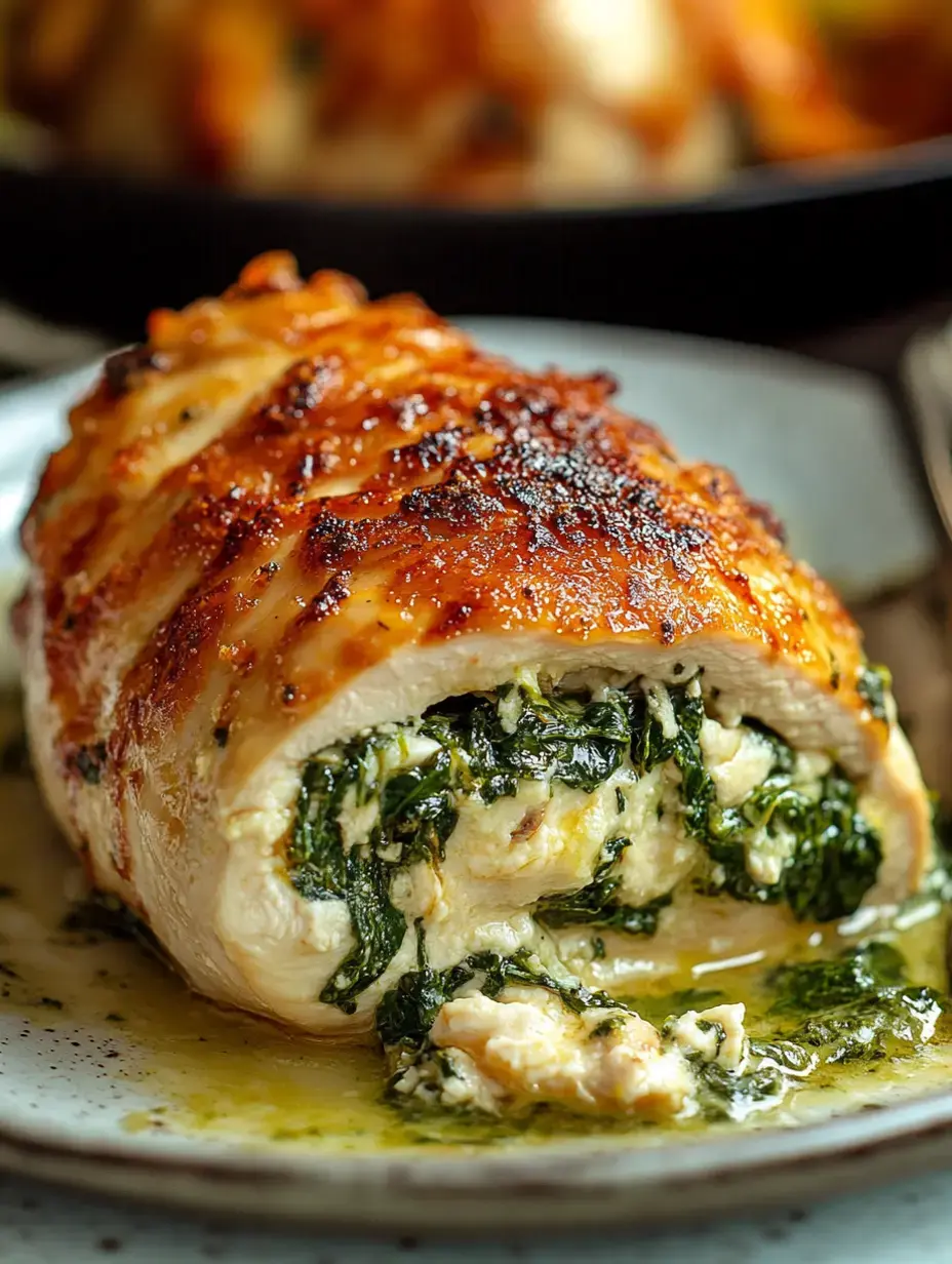 A close-up of a stuffed chicken breast with a golden-brown crust, oozing with a creamy spinach filling on a plate.