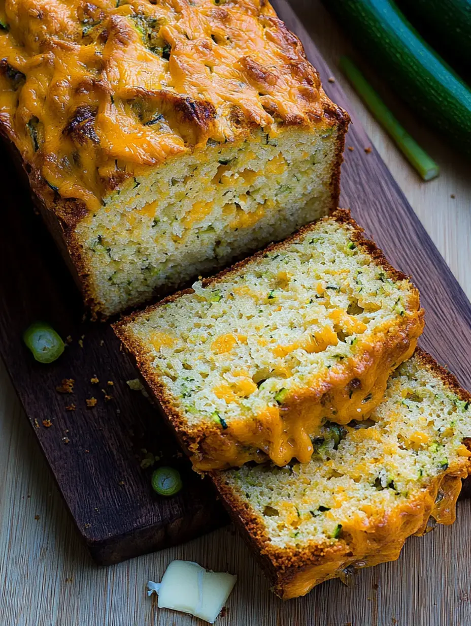 A sliced loaf of cheesy zucchini bread resting on a wooden cutting board, with some green onions and a pat of butter beside it.