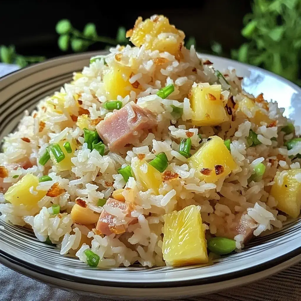 A close-up view of a bowl of fried rice mixed with diced ham, pineapple pieces, and chopped green onions.