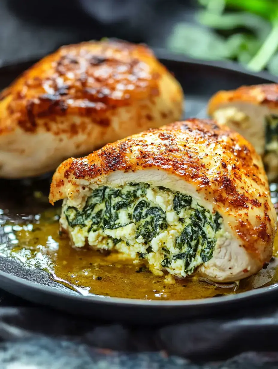 A close-up of two golden-brown chicken breasts, one cut open to reveal a creamy spinach and cheese filling, on a dark plate with a drizzle of sauce.