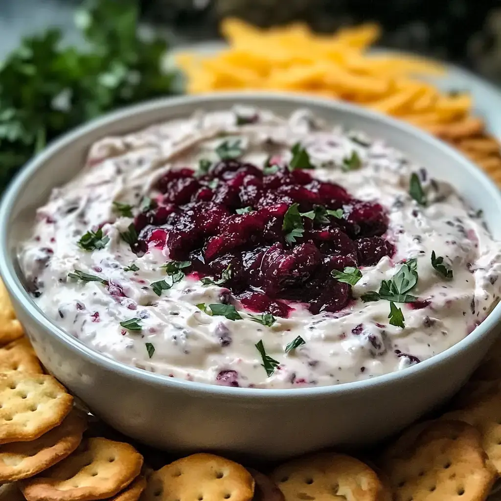 A creamy dip topped with cranberry sauce and fresh herbs, surrounded by crackers and cheese.