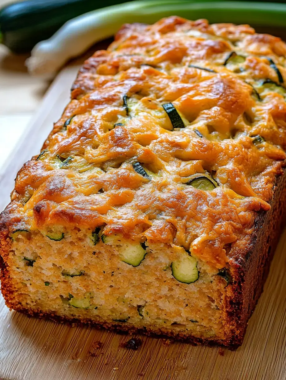 A freshly baked zucchini bread with a golden, cheesy top, displayed on a wooden cutting board.