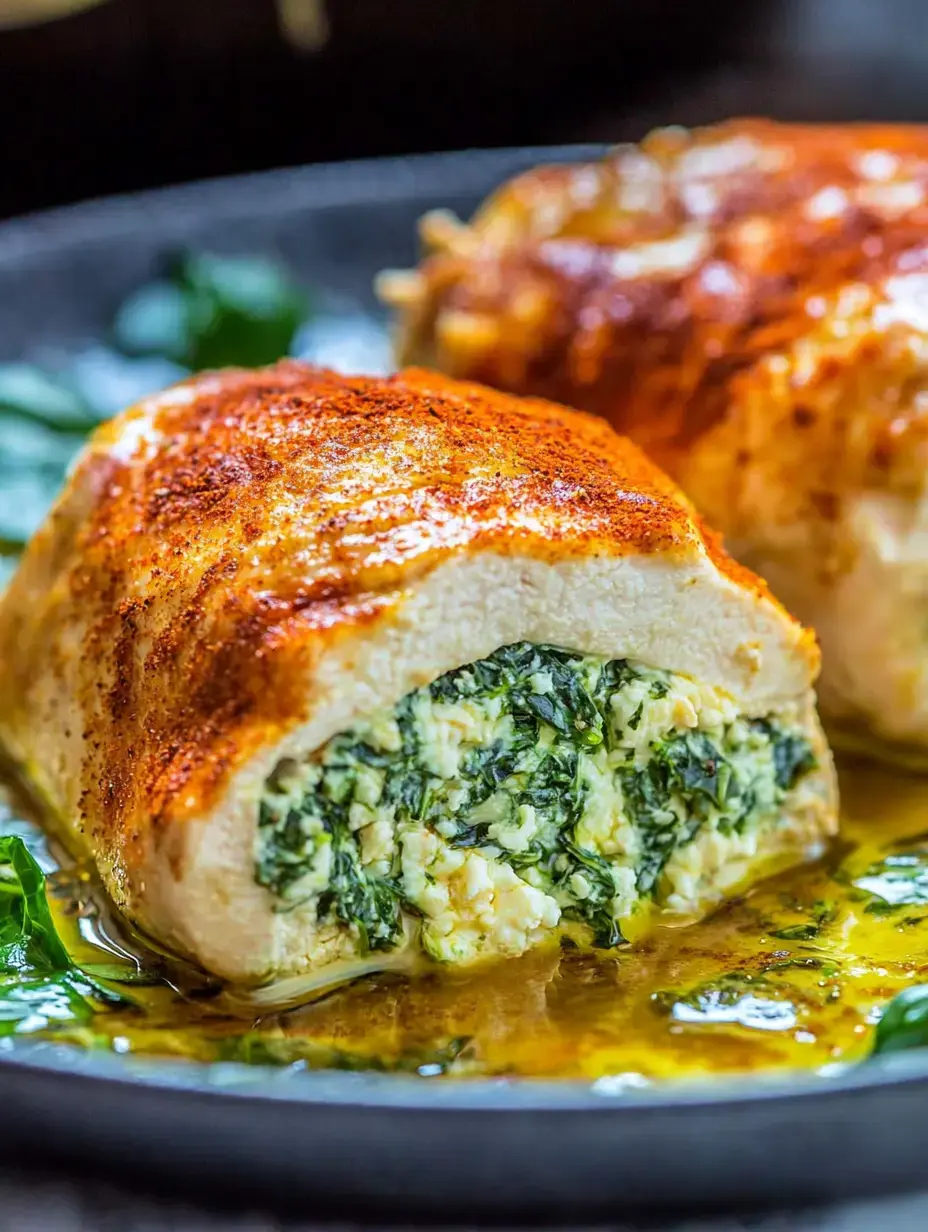 A close-up of a cut chicken breast stuffed with a creamy spinach and cheese filling, served on a dark plate with drizzles of sauce.