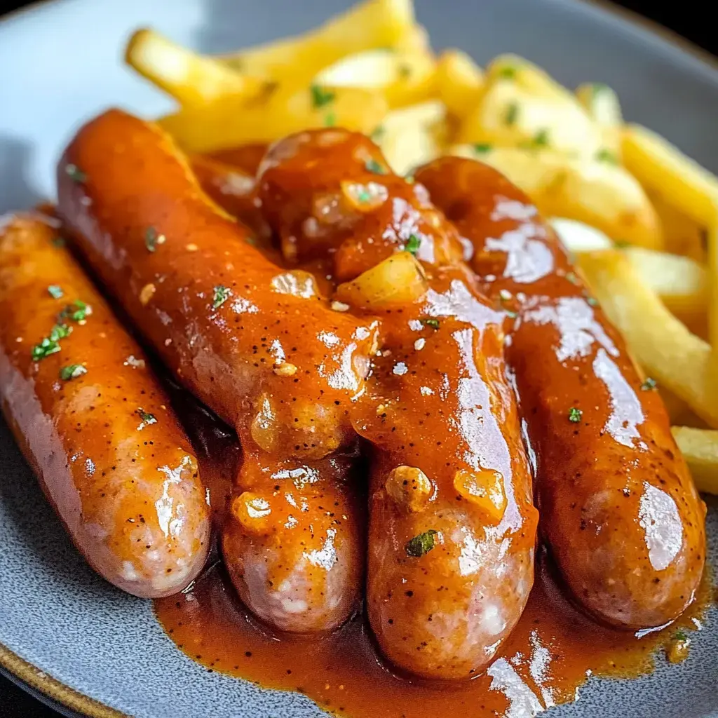 A plate of sausages covered in a rich tomato-based sauce, accompanied by French fries.