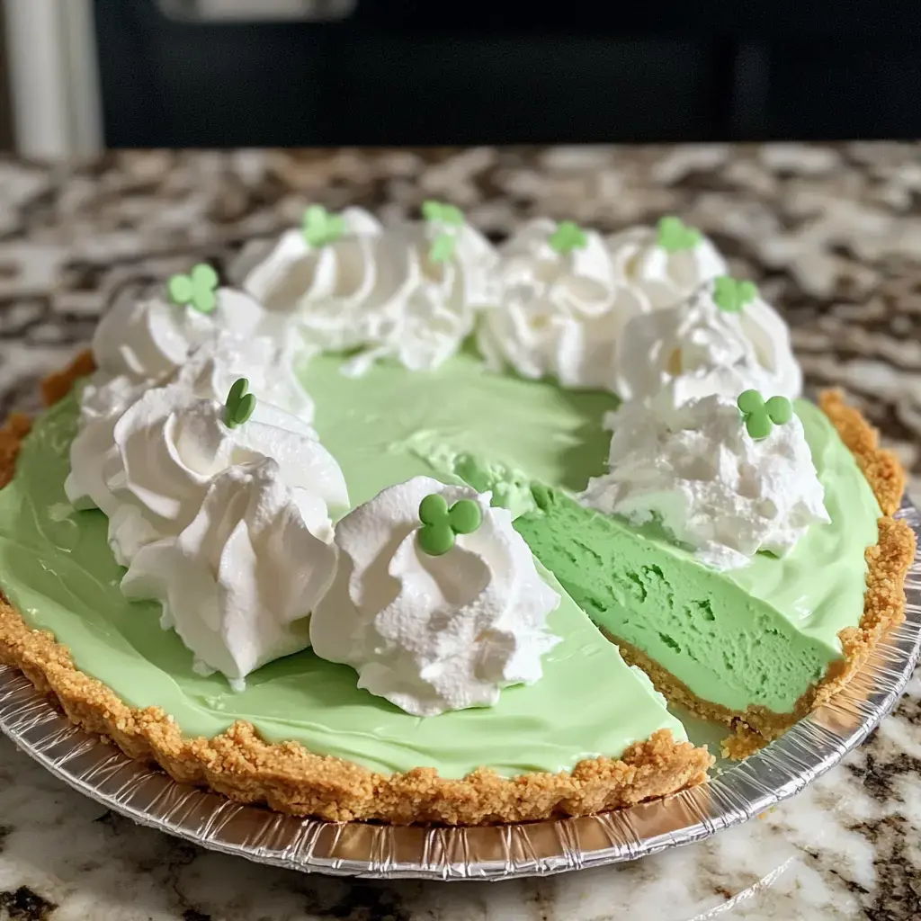 A green pie with whipped cream and decorative green clovers, partially sliced, sits on a marble countertop.