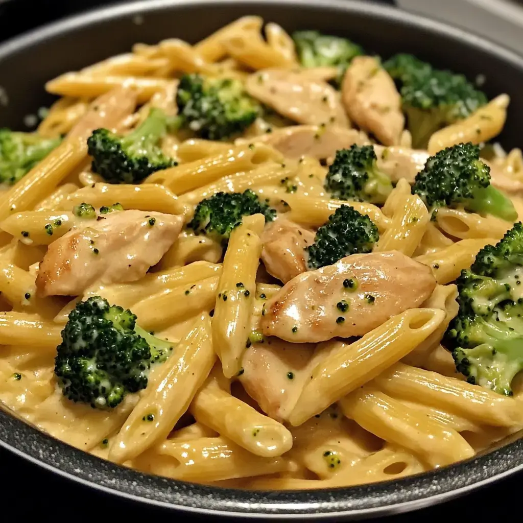 A close-up of penne pasta mixed with pieces of chicken and broccoli in a creamy sauce.