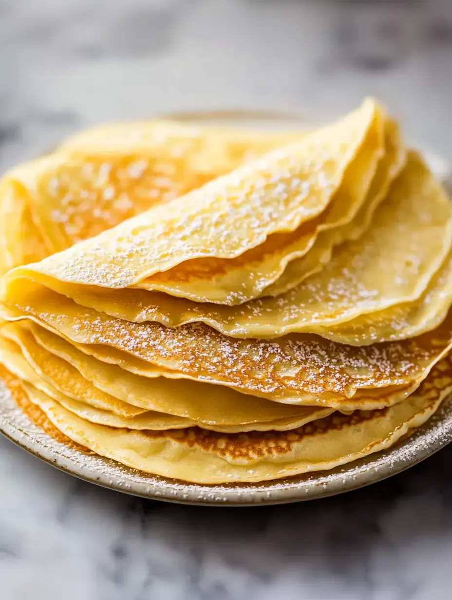 A neatly stacked plate of thin pancakes dusted with powdered sugar.