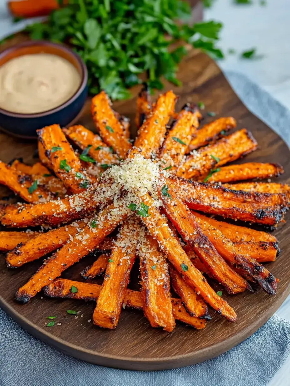 A platter of golden-brown roasted carrot fries topped with grated cheese and garnished with parsley, accompanied by a small bowl of dipping sauce.