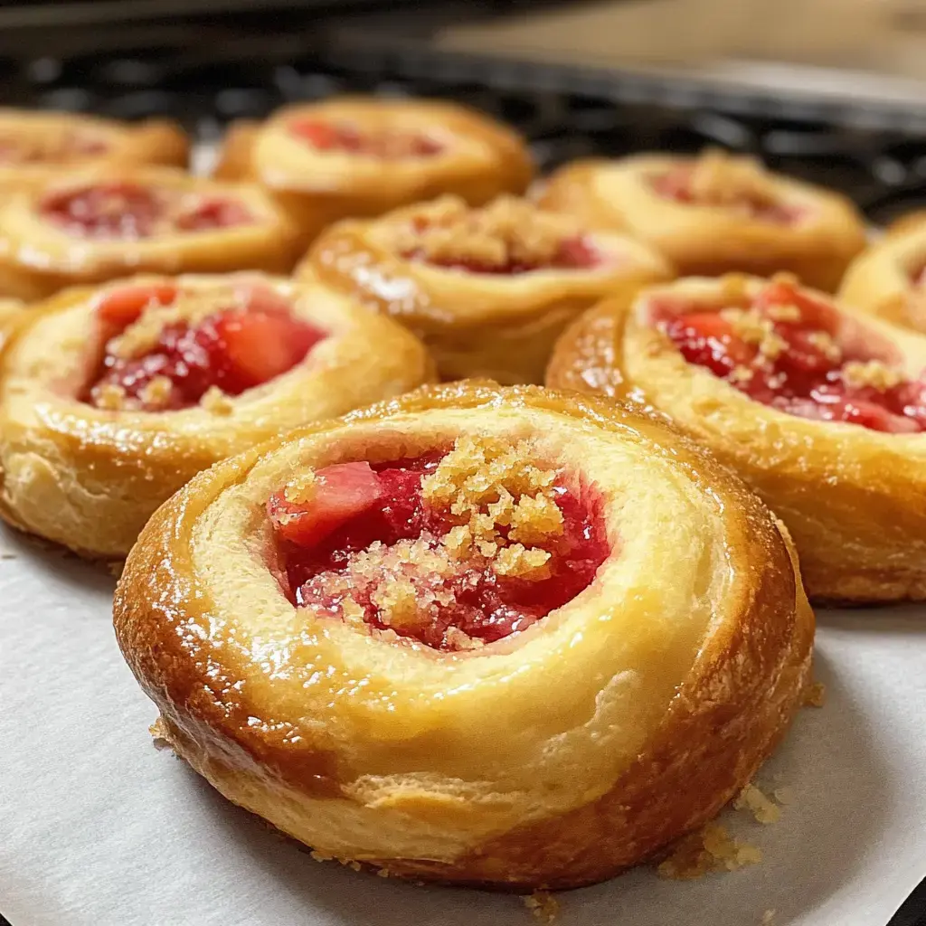 A close-up view of freshly baked pastry rolls filled with red fruit and topped with a crumbly topping.