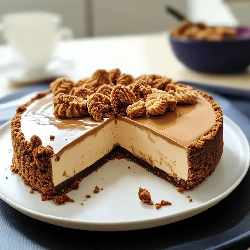 A creamy cheesecake with a chocolate top and a crumbly crust, decorated with cookie-shaped toppings, is sliced on a white plate.