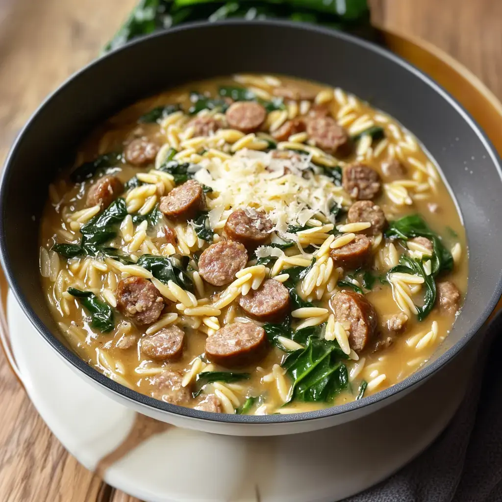 A bowl of orzo soup with sausage slices, spinach, and a sprinkle of shredded cheese on top.