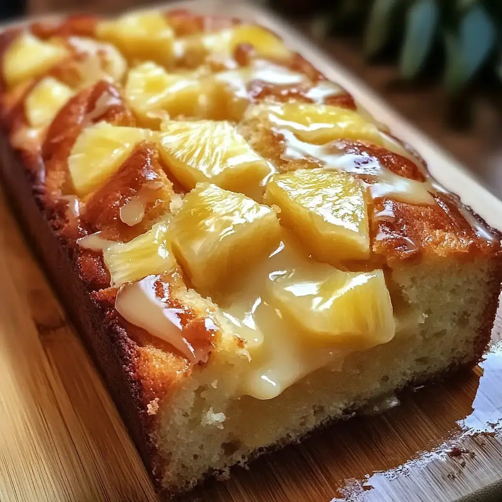 A delicious pineapple cake topped with chunks of pineapple and a glossy glaze, partially sliced on a wooden surface.