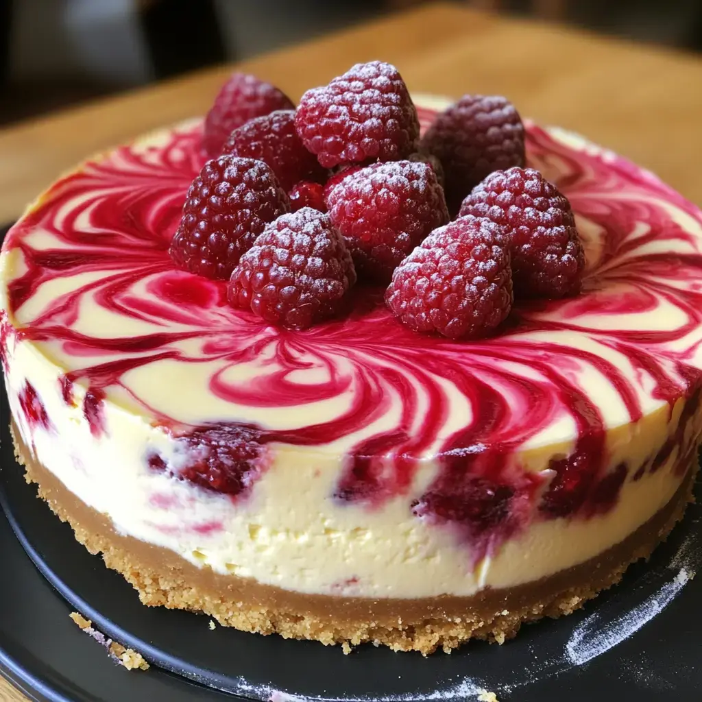 A delicious cheesecake topped with fresh raspberries and a red fruit swirl on a graham cracker crust.