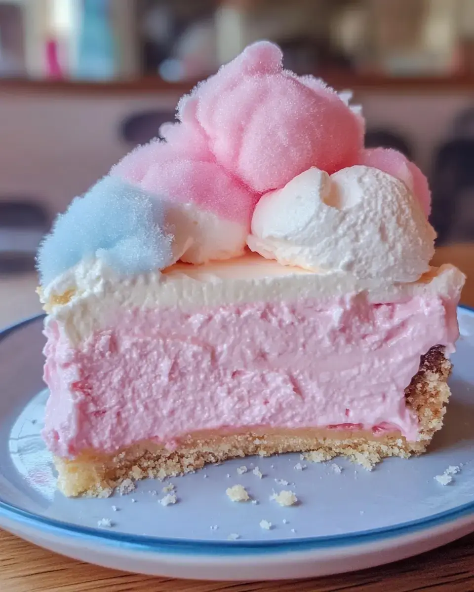 A slice of pink and white cream cake topped with fluffy cotton candy sits on a plate.