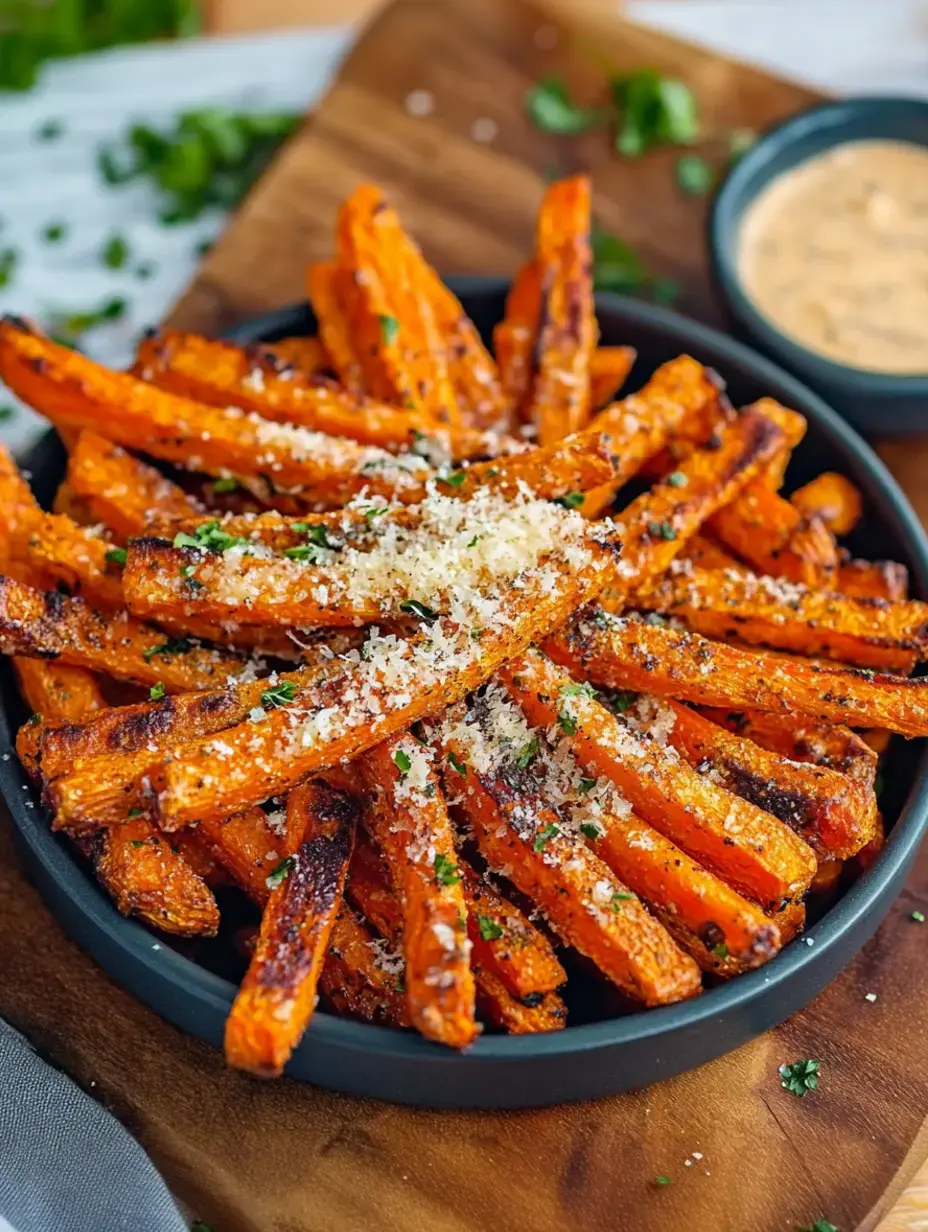 A close-up view of a bowl filled with crispy orange sweet potato fries topped with grated Parmesan cheese and fresh herbs, accompanied by a small dipping sauce on the side.