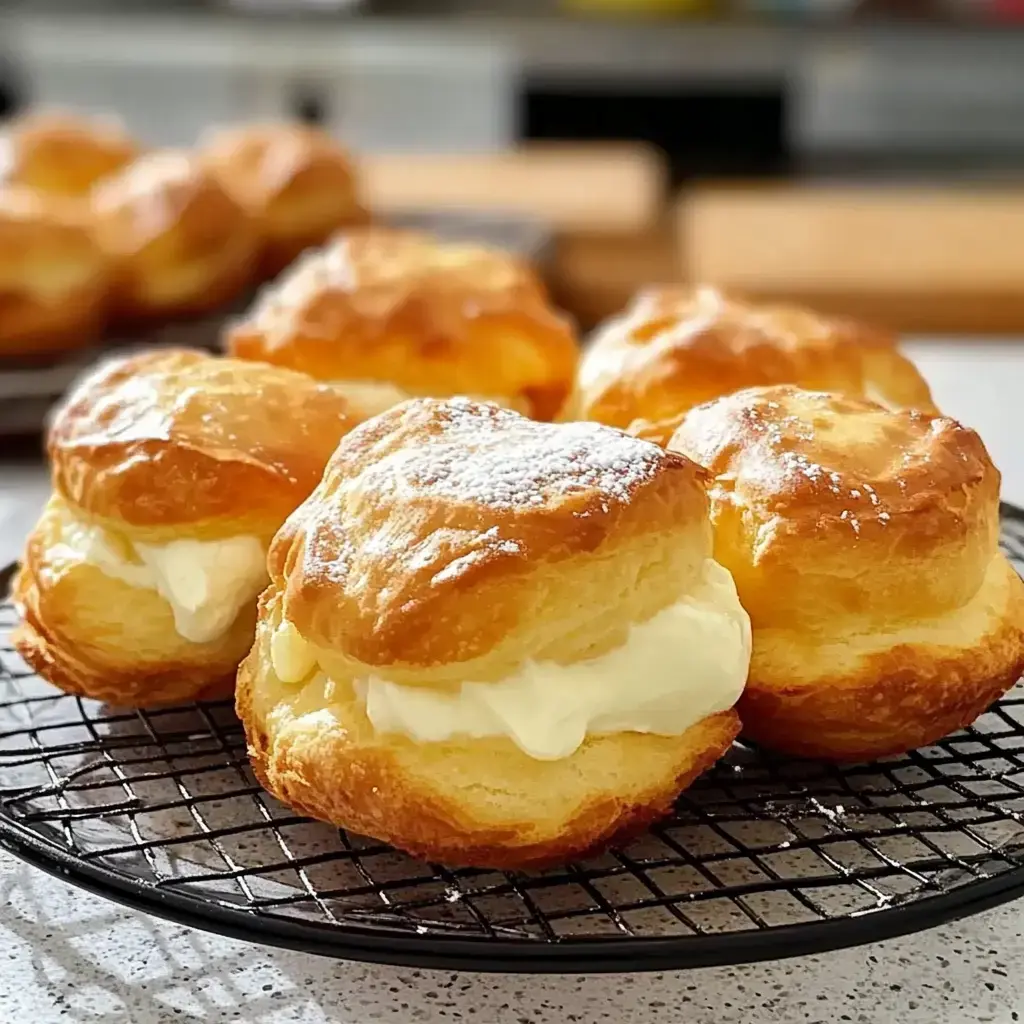 A close-up of freshly baked cream-filled pastries dusted with powdered sugar on a black wire rack.