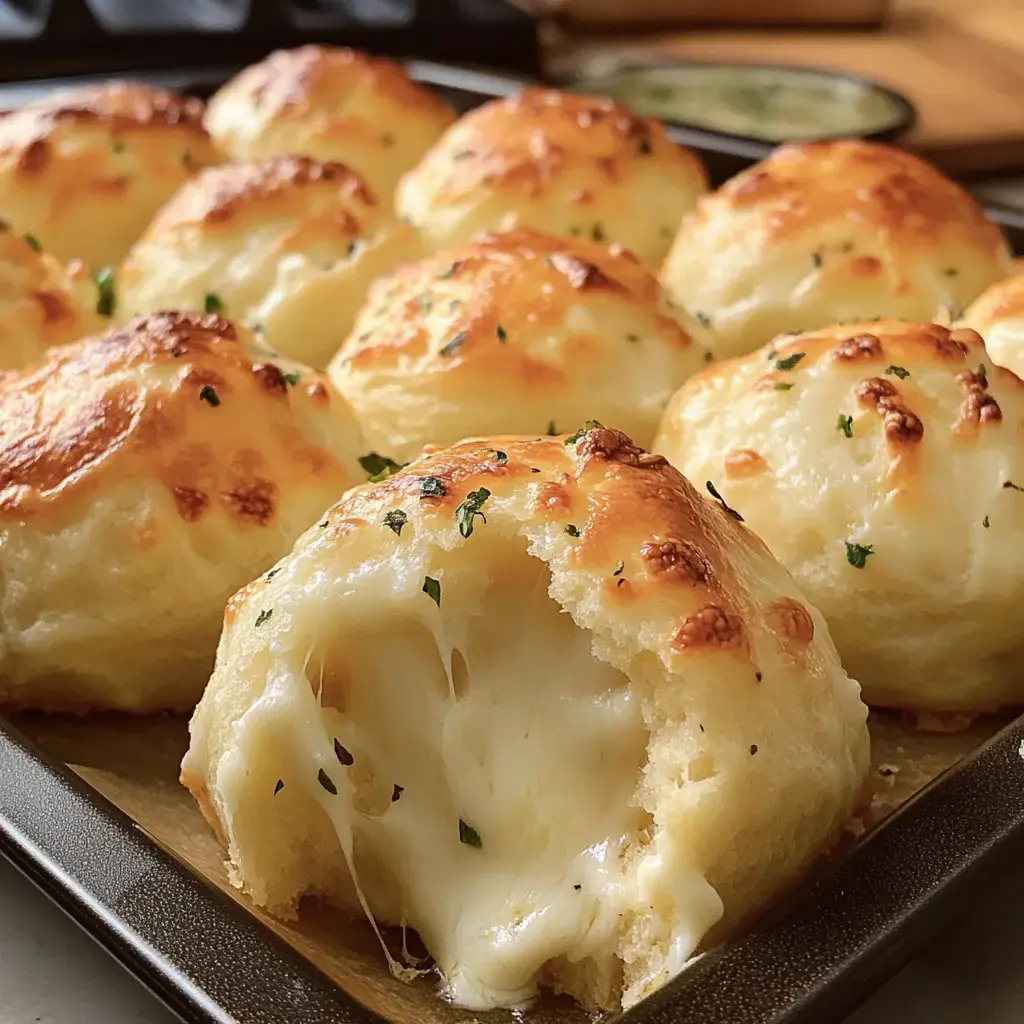 A tray of golden, cheesy garlic biscuits with one biscuit showing melted cheese inside.