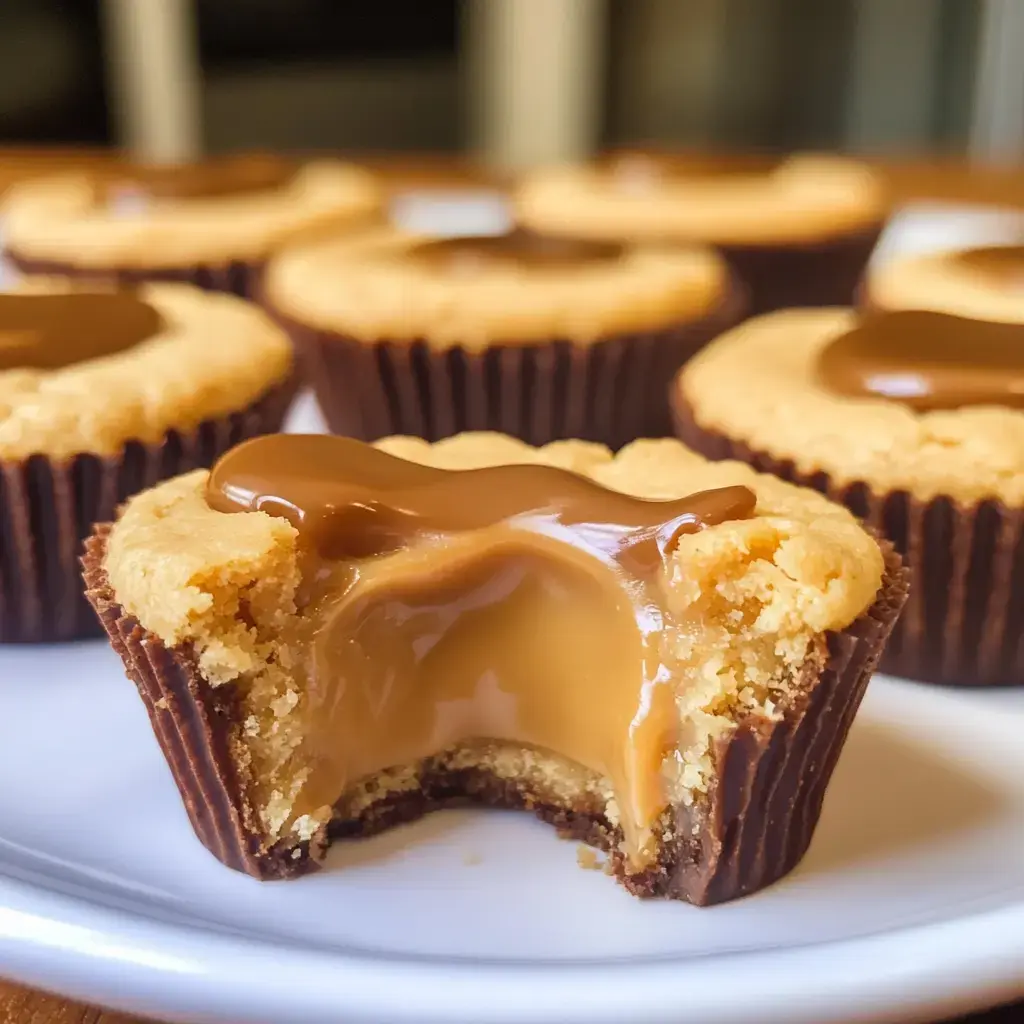 A close-up of a cookie cup with a gooey caramel filling and a chocolate drizzle on top, with more cookie cups in the background.