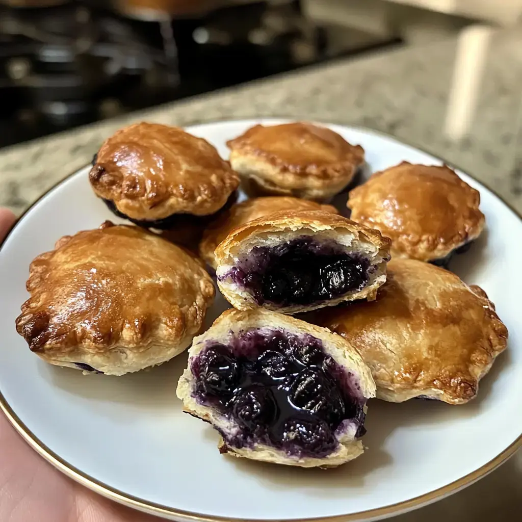 A plate of shiny, golden-brown pastries filled with sweet blueberry filling, with one pastry cut in half to show its contents.