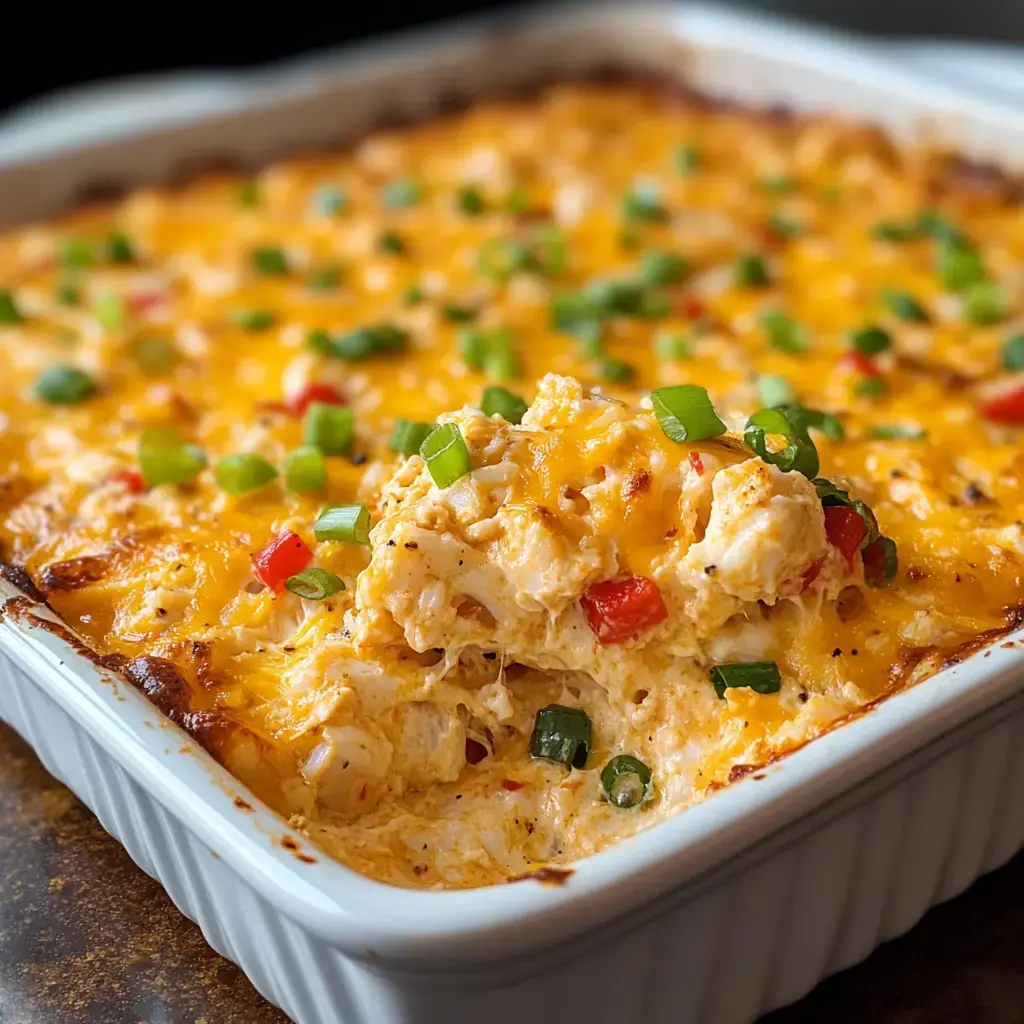 A creamy baked dish topped with melted cheese and garnished with green onions and red bell peppers.