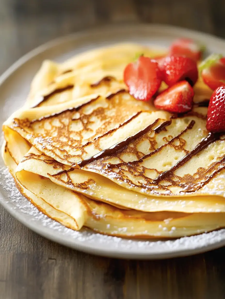 A stack of golden crepes is garnished with fresh strawberries and dusted with powdered sugar on a gray plate.