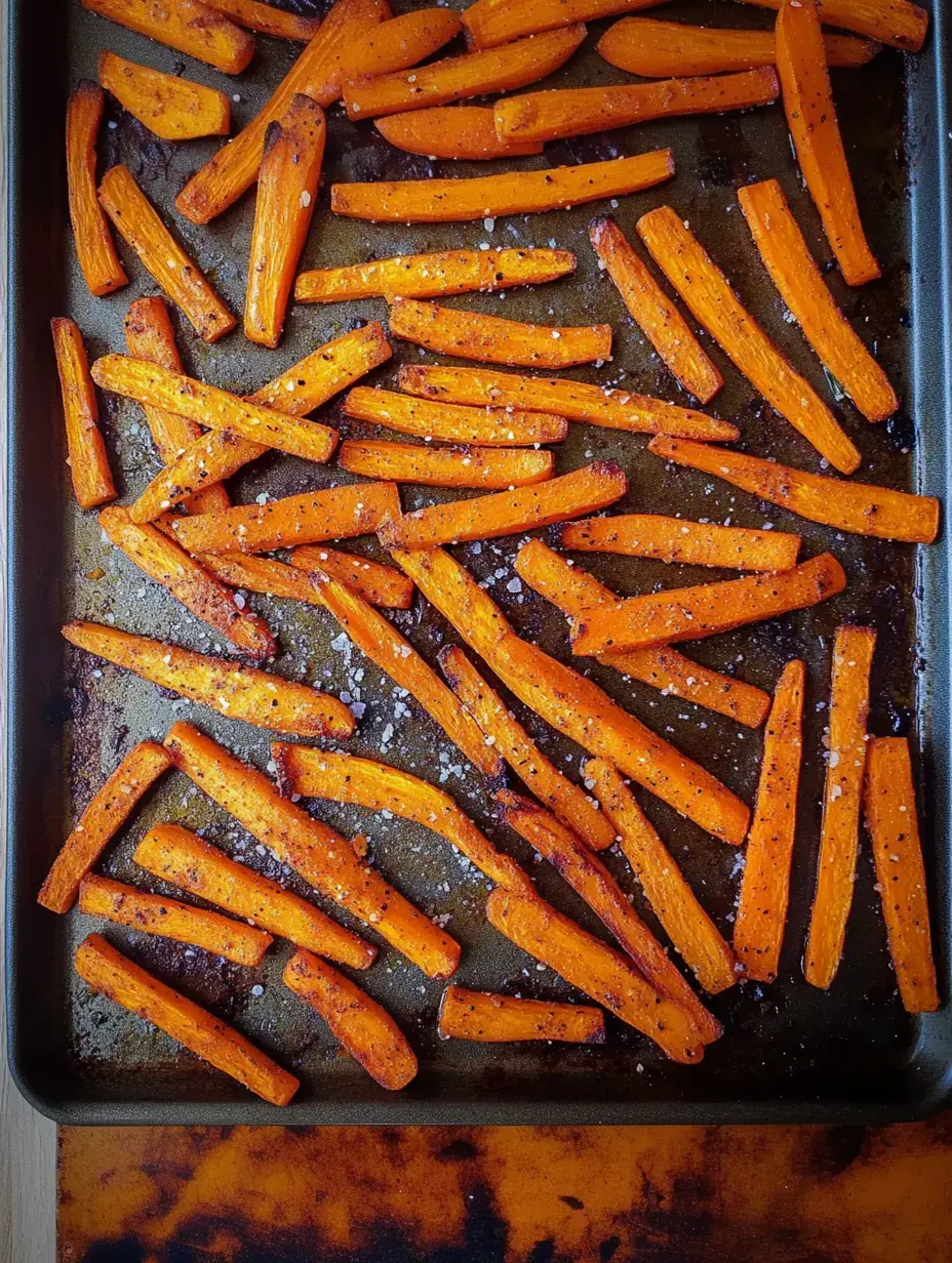 A tray of roasted orange carrots, lightly sprinkled with salt and pepper, is arranged on a baking sheet.