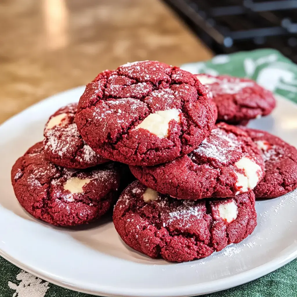 A plate of red velvet cookies with white chocolate chunks, dusted with powdered sugar, stacked together.