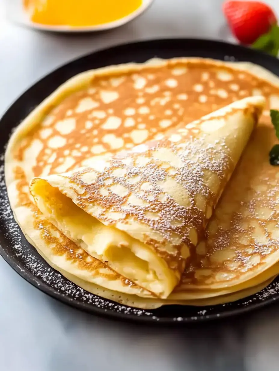 A plate of thin, folded pancakes sprinkled with powdered sugar and accompanied by a small dish of syrup and fresh strawberries.