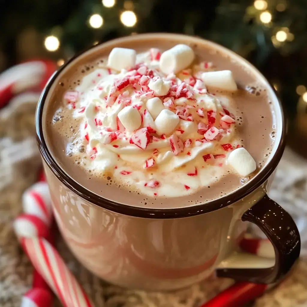 A close-up of a mug of hot chocolate topped with whipped cream, crushed peppermint, and marshmallows, surrounded by peppermint candy canes.