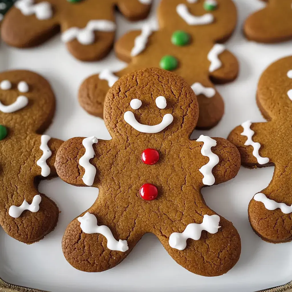 A close-up of decorated gingerbread cookies shaped like gingerbread men, featuring white icing details and red and green embellishments.