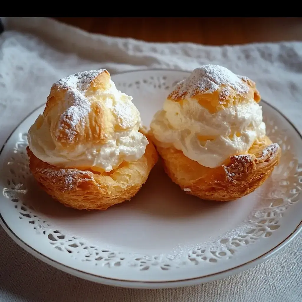 Two cream puff pastries filled with whipped cream and dusted with powdered sugar, served on a decorative plate.