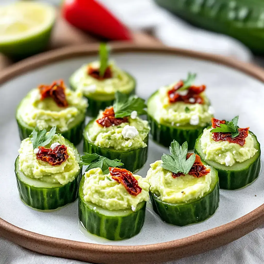 A plate of cucumber slices topped with a creamy green filling, sun-dried tomatoes, and parsley.