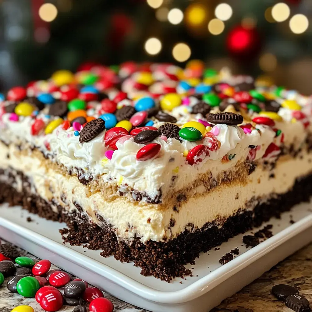 A layered ice cream cake topped with colorful candies and cookie pieces on a white platter, with a festive background.