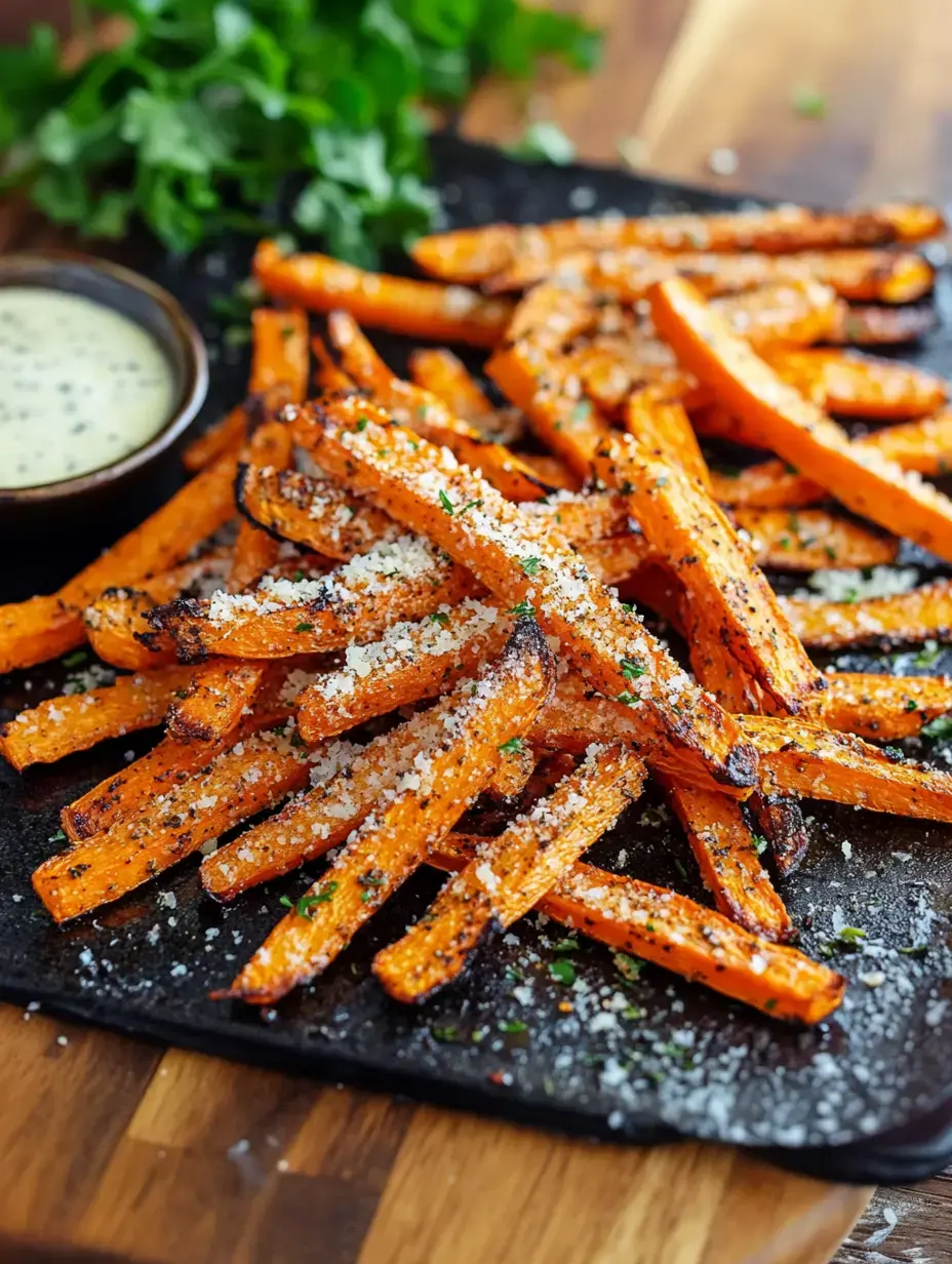 A plate of crispy orange carrot fries is topped with grated cheese and served with a small bowl of dipping sauce.