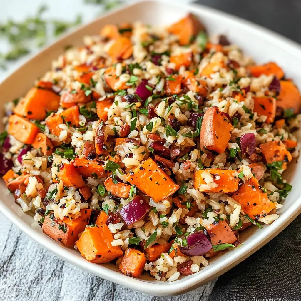 A vibrant dish of mixed rice topped with roasted sweet potatoes, red onions, and fresh herbs.