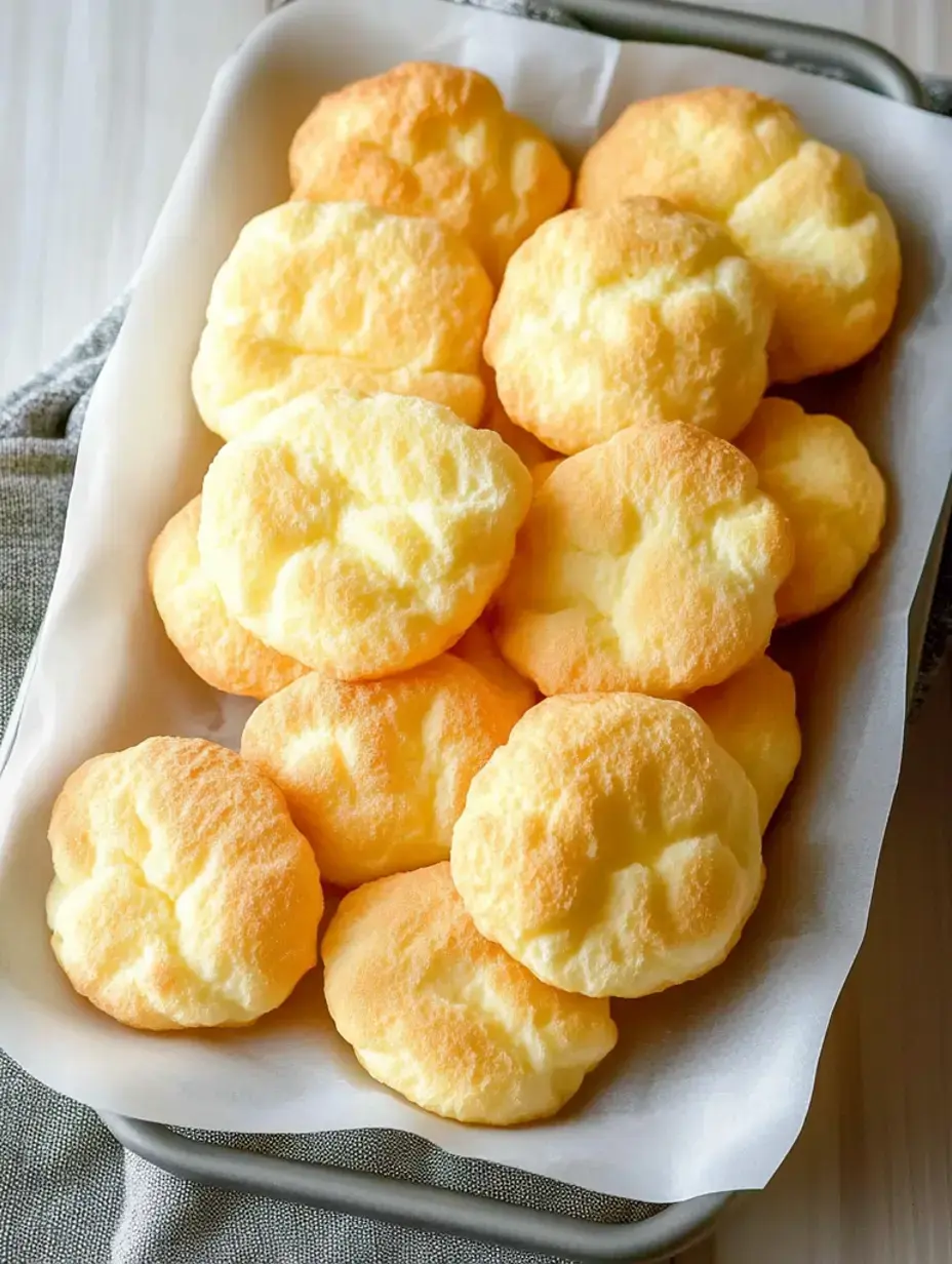 A tray of fluffy, golden-brown baked goods resembling small clouds is placed on a gray surface.