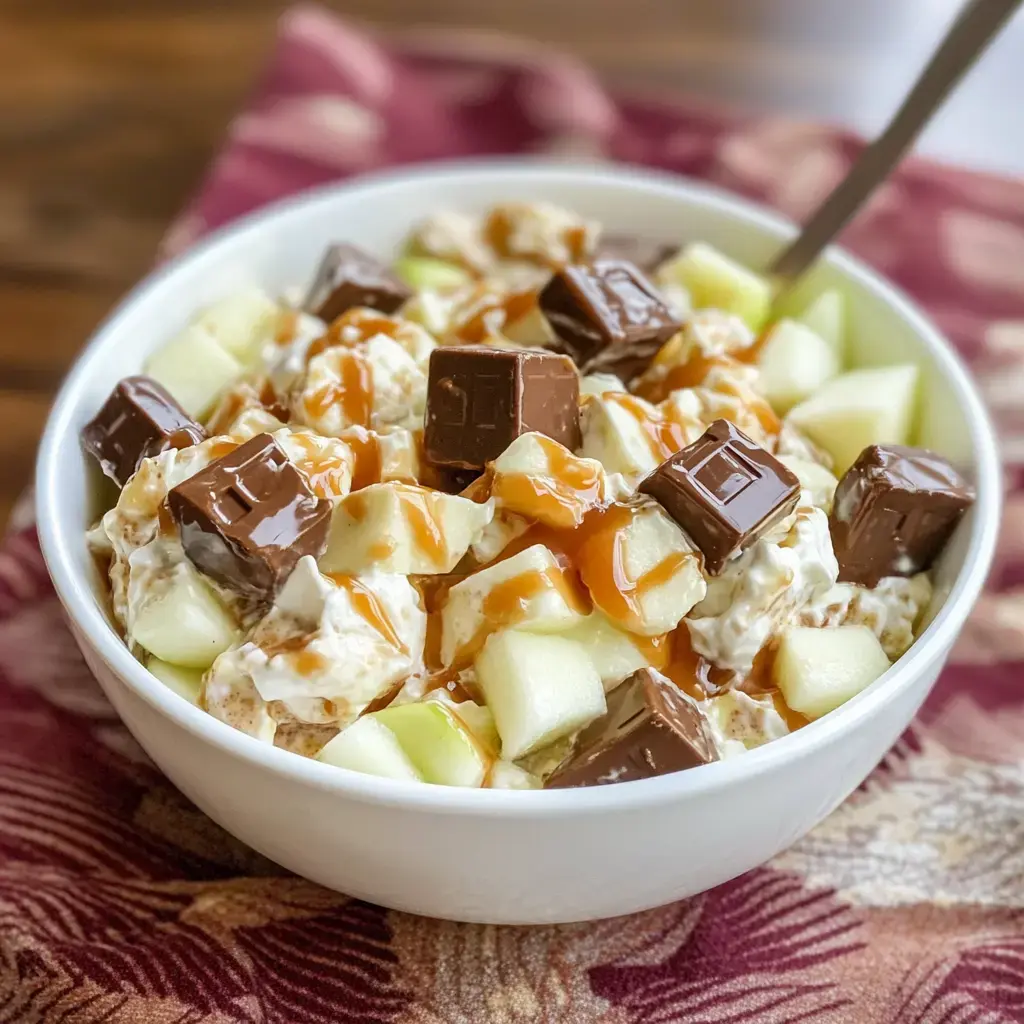 A bowl of dessert featuring diced apples, chocolate chunks, and drizzled caramel sauce.