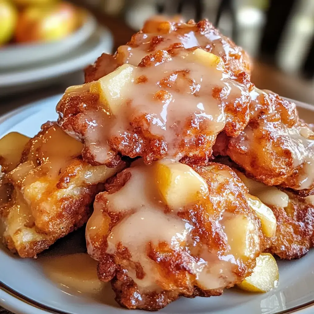 A close-up of a pile of golden-brown apple fritters drizzled with a sweet glaze.