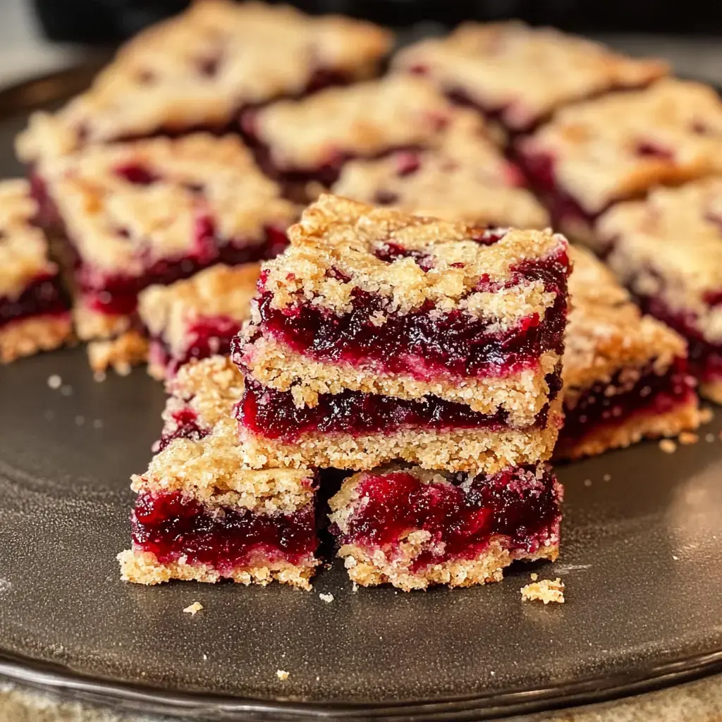 A stack of crumbly fruit bars filled with a rich red jelly is placed on a dark plate, surrounded by additional bars in the background.