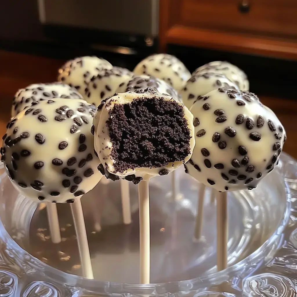 A close-up of cake pops coated in white chocolate and sprinkled with black dots, with one cake pop cut in half to reveal its moist chocolate interior.