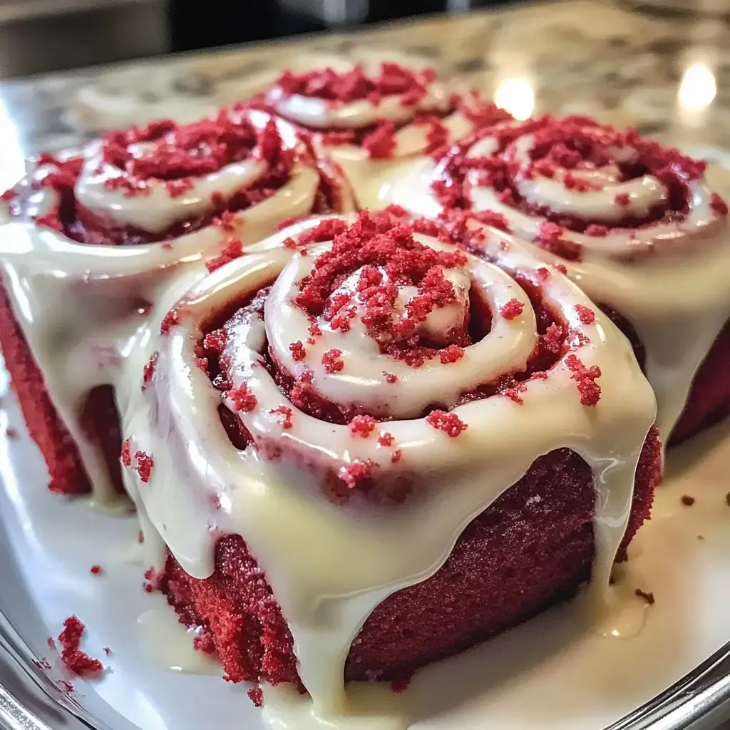 A close-up of red velvet cinnamon rolls topped with white icing and red crumbs, displayed on a plate.