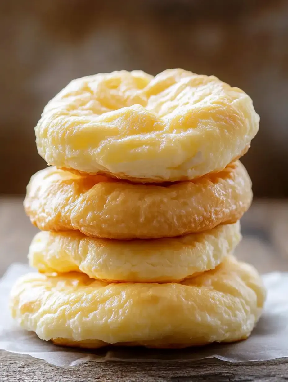 A stack of four fluffy low-carb bagels on a wooden surface.