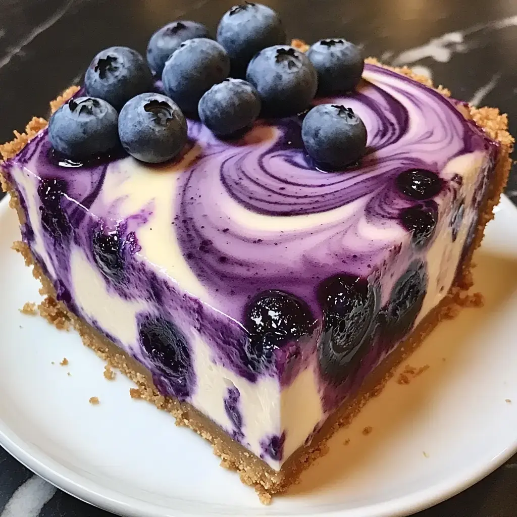 A slice of blueberry swirl cheesecake topped with fresh blueberries, sitting on a white plate.