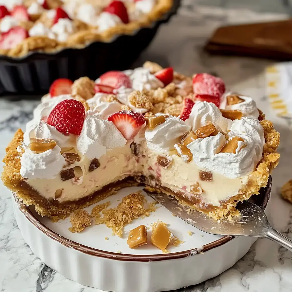 A partially sliced strawberry cream pie topped with whipped cream and caramel pieces, displayed on a marble surface.