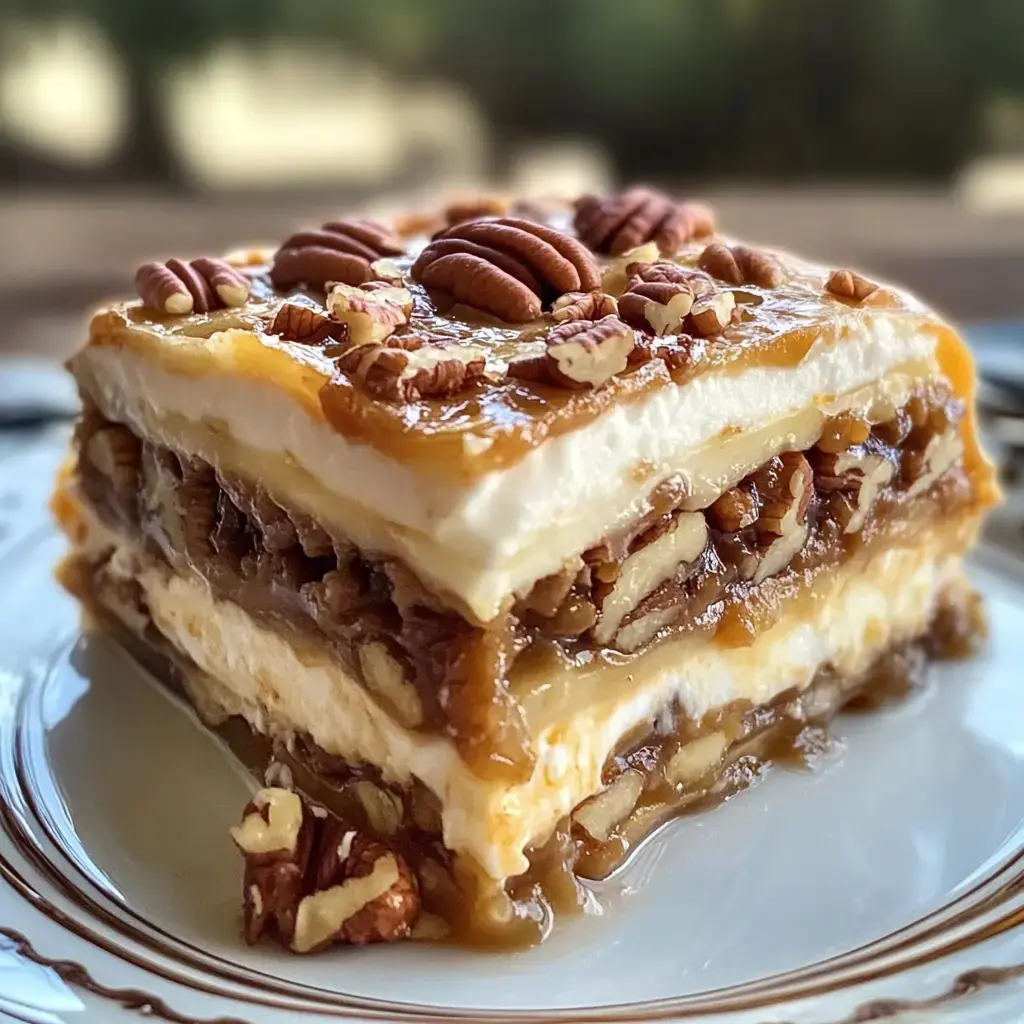 A slice of layered dessert topped with pecans, featuring creamy filling and nutty caramel layers.