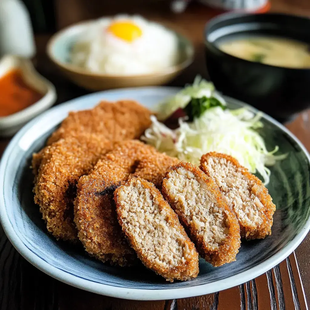 A plate of crispy fried cutlets is served with shredded cabbage, a bowl of miso soup, and a side of rice topped with an egg yolk.