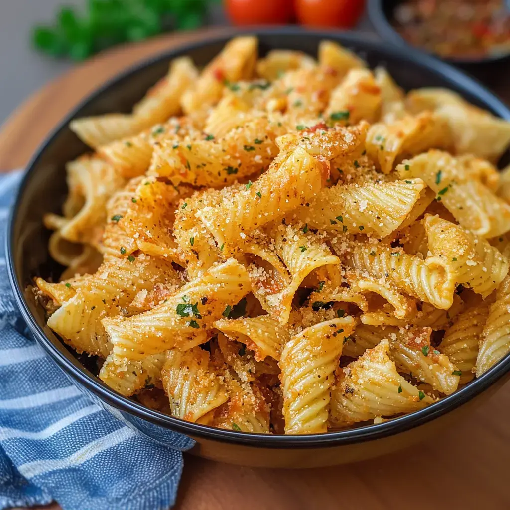 A close-up view of a bowl of pasta sprinkled with cheese and herbs, accompanied by a blue checked napkin and fresh tomatoes in the background.