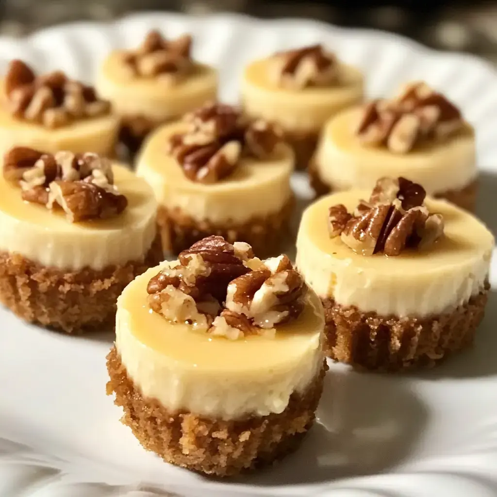 A plate of small cheesecake bites topped with pecans and a glossy caramel layer on a graham cracker crust.