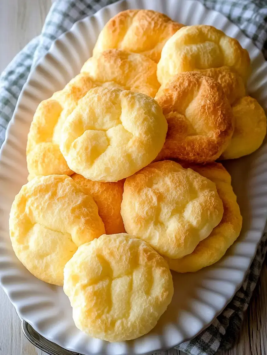 A platter holds a variety of golden-brown, fluffy cloud bread rolls.