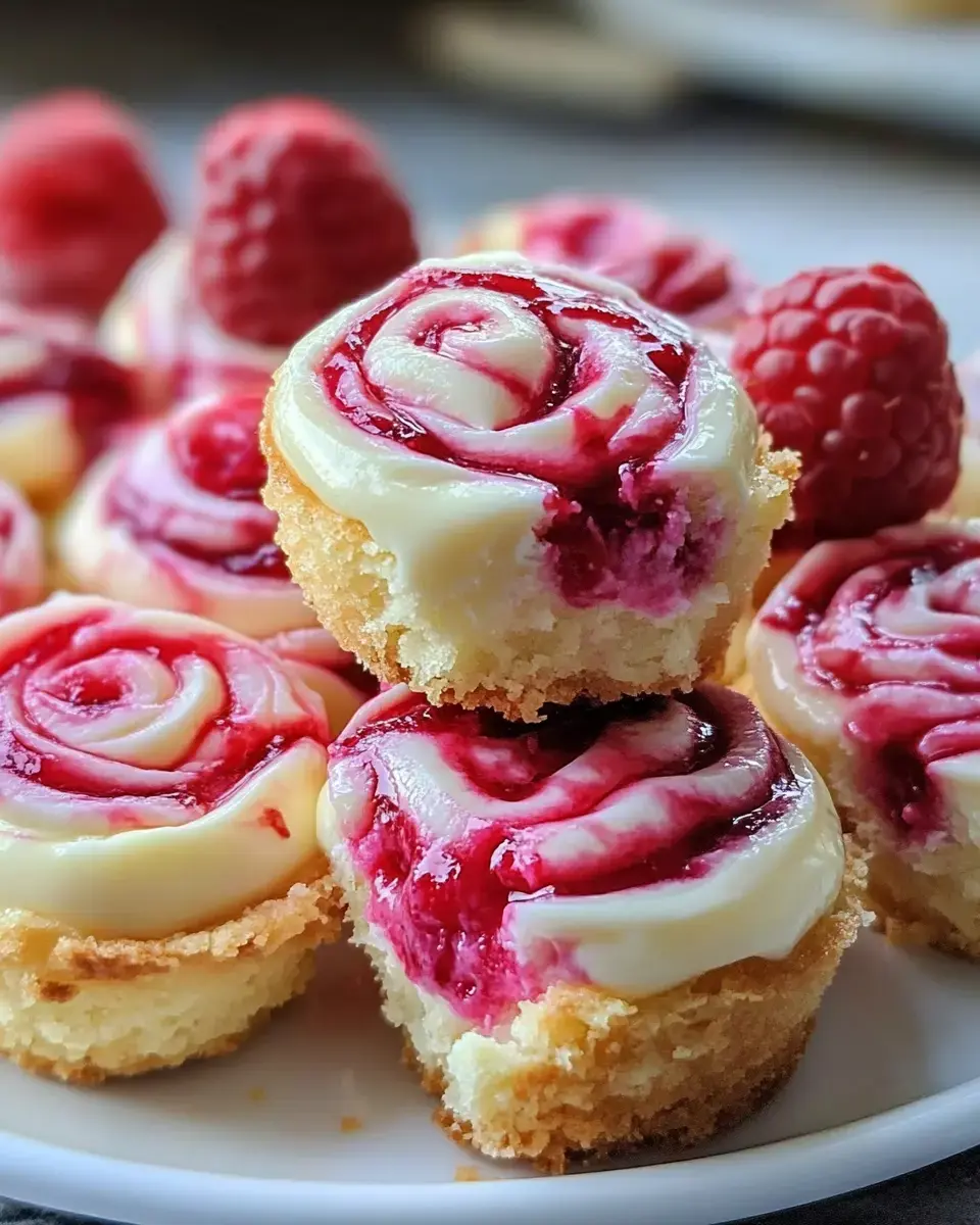 A plate of mini cupcakes decorated with a swirl of white frosting and raspberry sauce, topped with fresh raspberries.